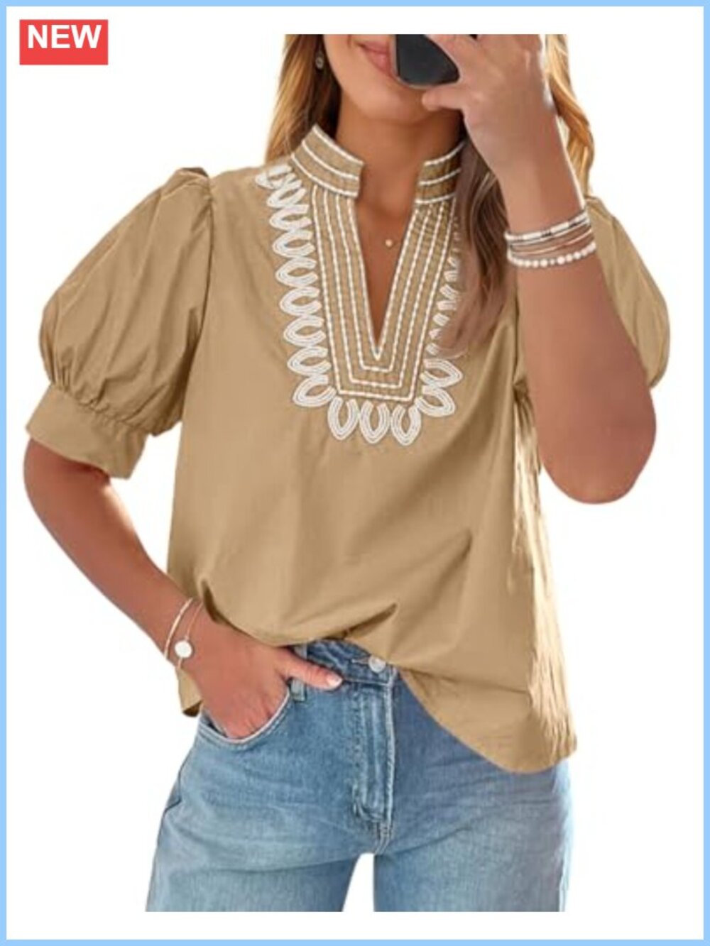 Puff Short Sleeve Embroidered Blouse V Neck Dressy Top
